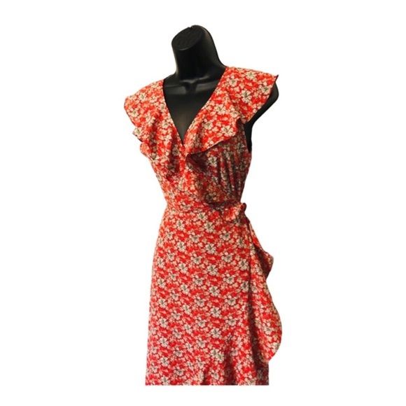 Max Studio Orange floral‎ ruffle bishop collar full wrap maxi dress size Small - Picture 6 of 13